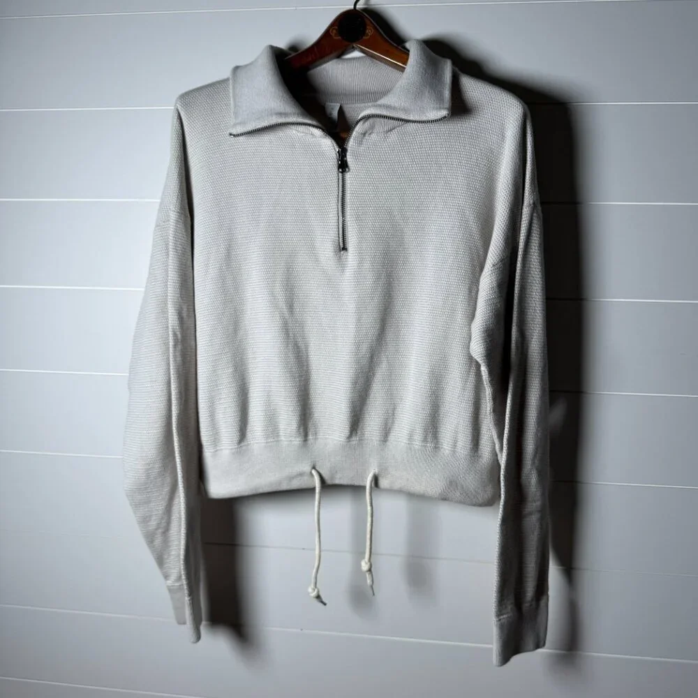 Varley Buckingham Sweater Large Oatmeal Knit Drawstring Hem Quarter Zip Pullover - Picture 4 of 8